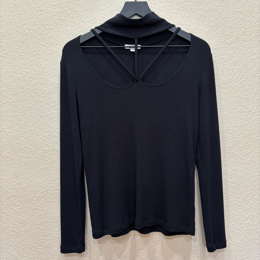 LNA Black Cross Front Long Sleeve Turtle Neck Ribbed Knit Top Small Minimalist